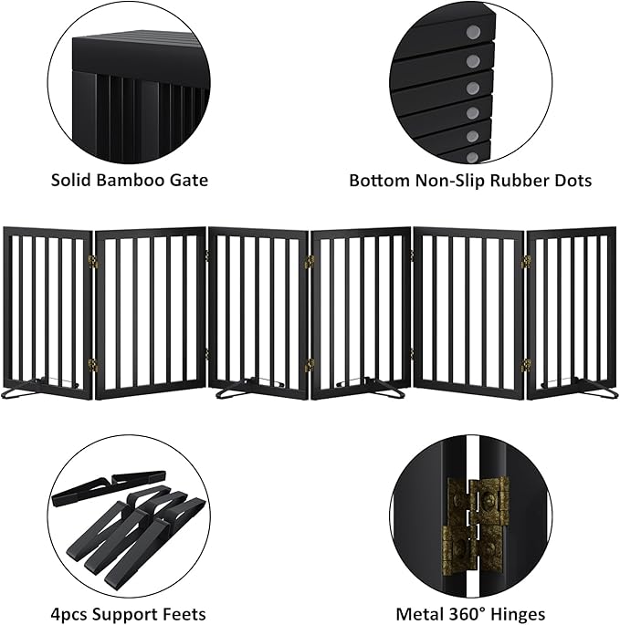 Extra Wide Dog Gate 110 inches Wide, Freestanding Pet Gate for The House Doorway, Pet Puppy Barrier, Support Feet Included, Black,6 Panels-PurrikoPets