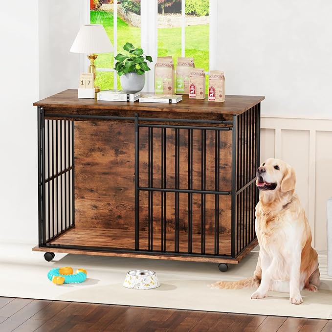 43.7" Dog Crate Furniture, XL Dog Crate Dog Kennel Indoor with Wheels for Large Medium Small Dogs, Wooden Dog Kennel End Table with Sliding Door Wooden Furniture Crates for Living Room, Bedroom-PurrikoPets