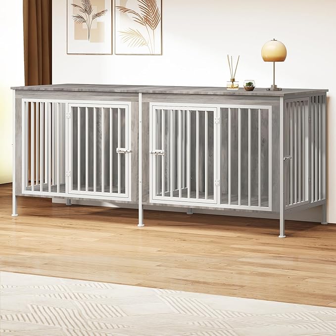 63 Inch Dog Cage Furniture for 2 Large/Medium Dogs with Removable Divider, Extra Large Double Doors Dog Kennel, XXL Thick Wooden Dog cage Furniture, Durable and Sturdy, Beige-PurrikoPets