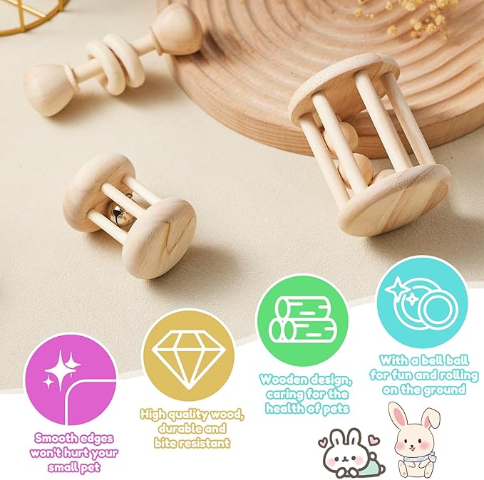 3 Pcs Wooden Bunny Toys - Safe Rabbit & Guinea Pigs Teeth Grinding Toys for Chinchillas, Hamsters & Small Animals - Indoor & Outdoor-PurrikoPets