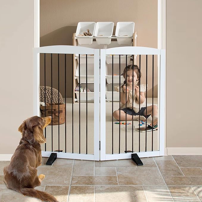 Freestanding Panel Dog Gate for Indoor, Doorways,Stairs, or Hallways,Foldable Wooden Dog Gates for House,Pet Gate for Dogs,Dog Fence, Puppy Gate,Support Feet Included,32 "Height-2 Panels,White-PurrikoPets