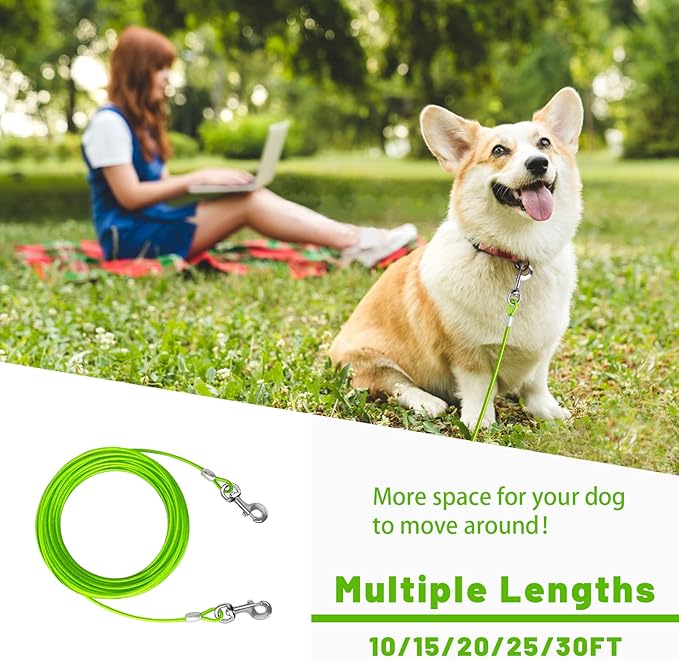 Dog Tie Out Cable 10/15/20/25/30 FT Runner for Yard Steel Wire Cable with Durable Superior Clips Green Chains for Outside Dog Lead for Large Up to 165 Lbs-PurrikoPets