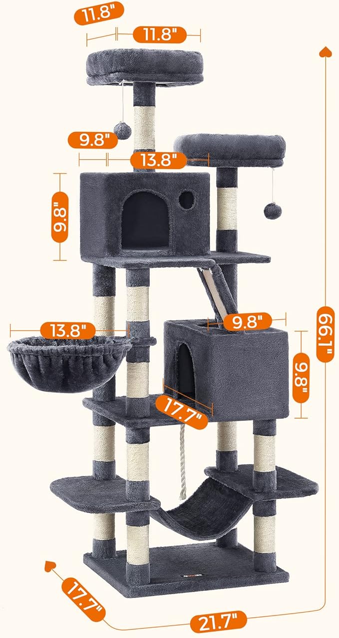Feandrea Cat Tree, 66.1-Inch Large Cat Tower with 13 Scratching Posts, 2 Perches, 2 Caves, Basket, Hammock, Pompoms, Multi-Level Plush Cat Condo for Indoor Cats, Smoky Gray UPCT165G01-PurrikoPets