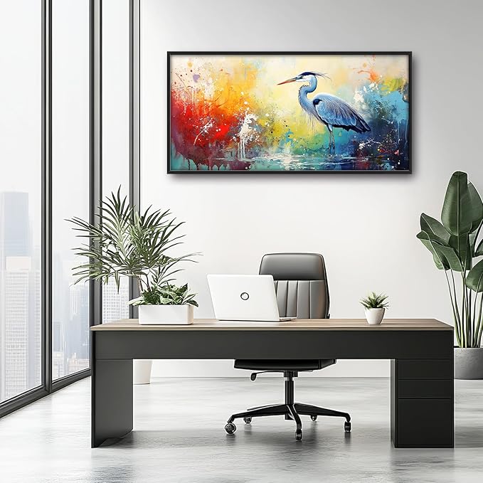 Extra Large Framed Abstract Heron Wall Art,Oversized Colorful Graffiti Heron Wall Decor Pictures for Living Room,Canvas Print Painting Modern Artwork Bedroom Office Bathroom Home Decor 60L x 30W-PurrikoPets