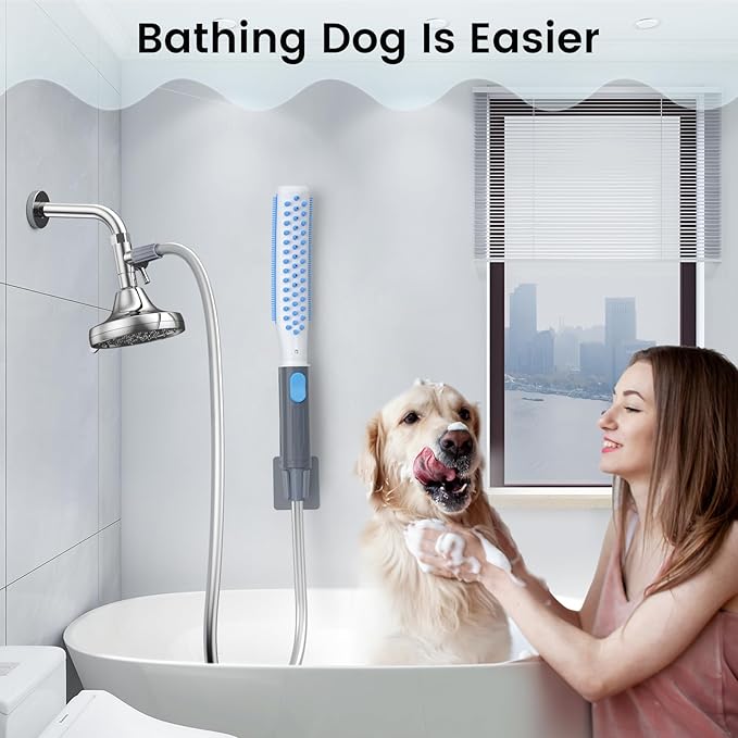 Dog Shower Attachment, Dog Washing Hose Attachment with Metal T-Diverter, Dog Bathing Supplies with 3 Spray Modes & One-Button ON/OFF Indoor and Outdoor Sprayer 8-Foot Hose-PurrikoPets