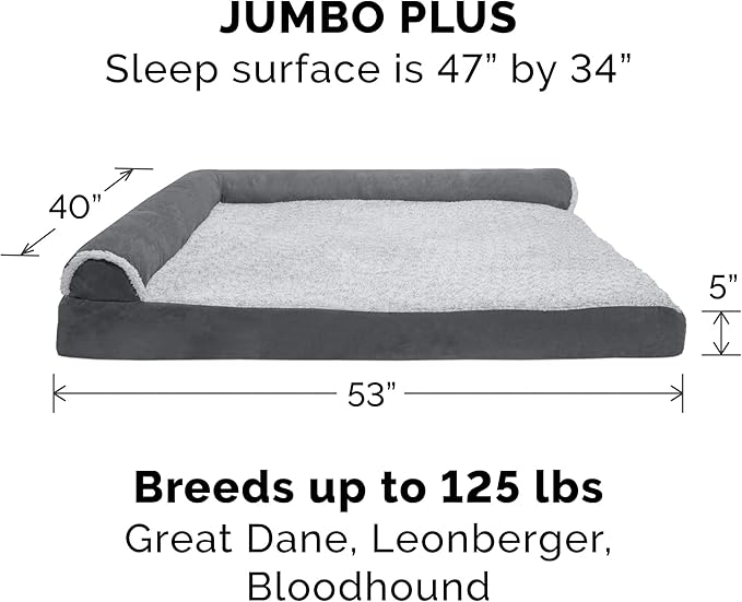 Furhaven Cooling Gel Dog Bed for Large Dogs w/ Removable Bolsters & Washable Cover, For Dogs Up to 125 lbs - Two-Tone Plush Faux Fur & Suede L Shaped Chaise - Stone Gray, Jumbo Plus/XXL-PurrikoPets