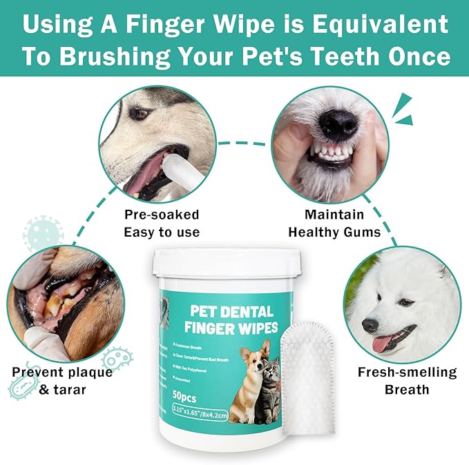 Dog Teeth Dental Finger Wipes for Dogs & Cats No-Rinse Dog Finger Toothbrush Dog Plaque & Tartar Prevention with Brushing Beads Dog Breath Freshene 50pcs-PurrikoPets