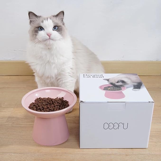 Extra Wide Elevated Ceramic Cat Food Bowl - 6.2" Shallow Dish for Whisker Fatigue Relief, 5" Height for Easy Feeding, Lead & Cadmium Free, Durable Raised Cat Food Bowls, Pink-PurrikoPets