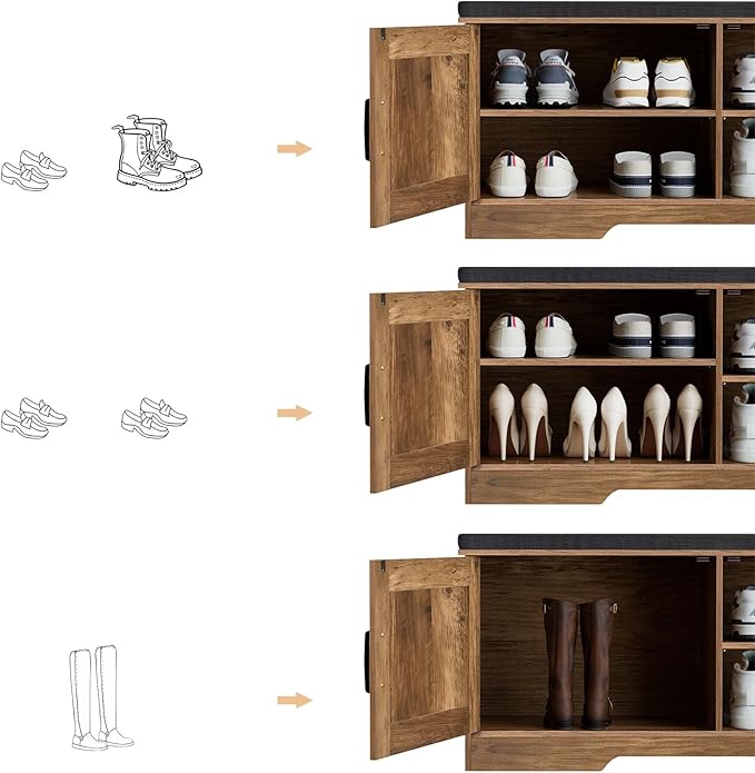 2-Tier Storage Bench, Shoe Bench with Padded Seat Cushion, Entryway Bench with 2 Barn Doors, Adjustable Shelf, 13.8" D x 39.4" W x 17.7" H, for Entryway, Living Room, Bedroom, Rustic Walnut-PurrikoPets