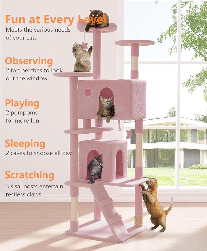 77'' Cat Tree Tower for Indoor Cats Large Adult, Cute/Tall Modern Cat Tree for Big Cats 20 lbs, Plush Multi-Level Cat Condo with Scratching Posts,Dangling Ball (Soft Pink, 77 inch)-PurrikoPets
