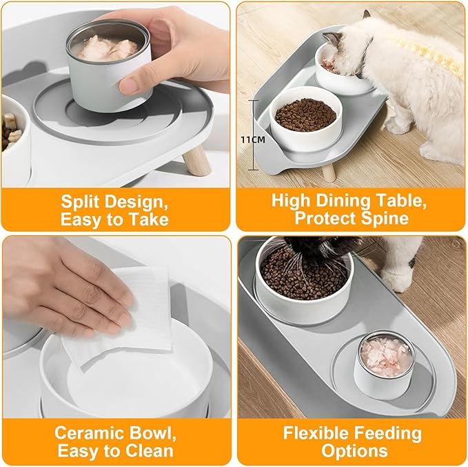 Elevated Dog Bowls Set, Ceramic Pet Food & Water Bowls with Non-Slip Stand, No Spill Design for Cats/Small Medium Dogs Gray-PurrikoPets