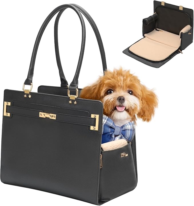 2-in-1 Stylish Dog Purse Carrier Soft-Sided Carriers Travel Tote Bag for Small Dogs Cats, Fashion Foldable Pet Bag for Puppies Small Animals with Pockets (Black, 15" L x 7.5" W x 12.2" H)-PurrikoPets