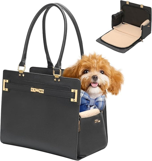 2-in-1 Stylish Dog Purse Carrier Soft-Sided Carriers Travel Tote Bag for Small Dogs Cats, Fashion Foldable Pet Bag for Puppies Small Animals with Pockets (Black, 15" L x 7.5" W x 12.2" H)-PurrikoPets
