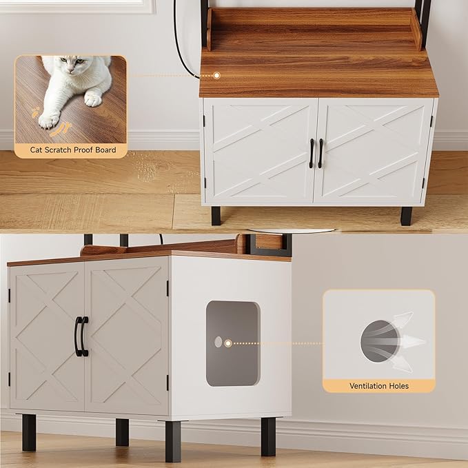 55 Inches Cat Litter Box Enclosure, Hidden Litter Box Furniture with 2 Storage Shelves and Charging Sockets, Wooden Cat House, Large Indoor Cabinet for Living Room & Entryway, White-PurrikoPets