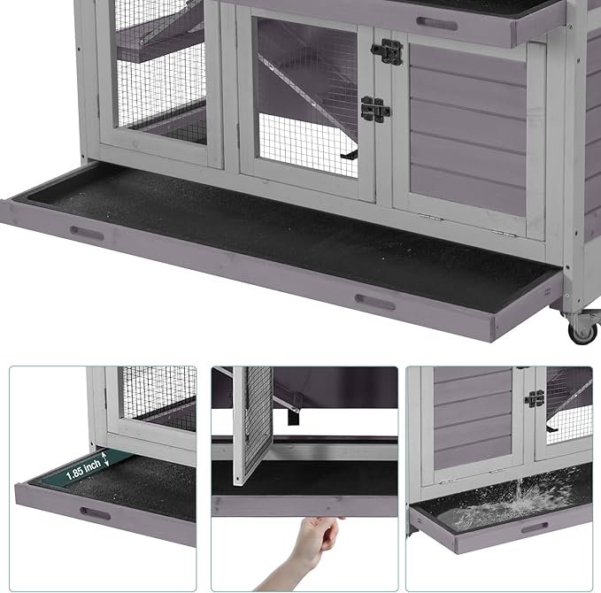 2-Tier Indoor Rabbit Hutch Bunny House Guinea Pig Cage with Sliding Plastic Trays, Wheels & Ramp, 47.2" Multi-Door Wooden Small Animal Cage for Rabbits, Bunnies, and Guinea Pigs (Grey)-PurrikoPets