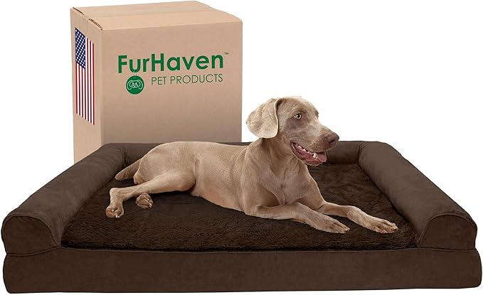 Furhaven Cooling Gel Dog Bed for Large Dogs w/ Removable Bolsters & Washable Cover, For Dogs Up to 125 lbs - Plush & Suede Sofa - Espresso, Jumbo Plus/XXL-PurrikoPets