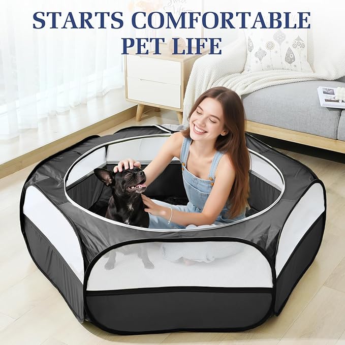 2-in-1 Small Animals Playpen with Pad, Waterproof Small Pet Cage Tent with Reusable Pad, Portable Outdoor Yard Fence with 3 Metal Rod for Chick/Kitten/Puppy/Guinea Pig/Rabbits/Chinchillas, Black-PurrikoPets