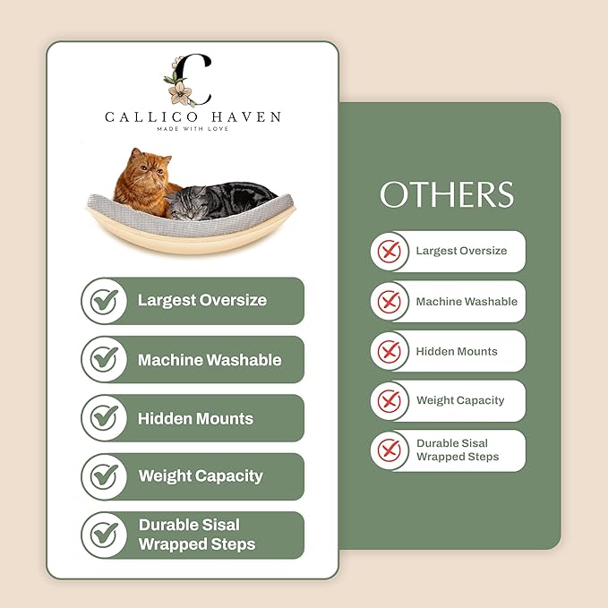 Extra Large 23.6”×14.6” CALLICO HAVEN- Stylish Cat Wall Shelves with Curved Design, Modern Wall-Mounted Cat Tree Hammock with Soft Cushion, Sturdy/Hidden Mounts, Washable Cover, Sleek Design -C Shape-PurrikoPets