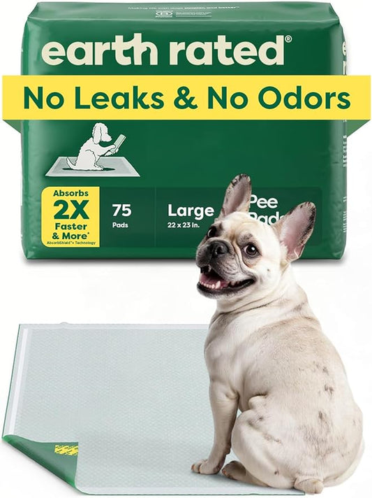 Earth Rated Max Absorbency Puppy Pee Pads for Dogs Absorbs 2X Faster & 2X More, Leak-Proof Odor-Free Potty Training Wee Wee Pad, Unscented, Large, 22” x 23”, 75 Count-PurrikoPets
