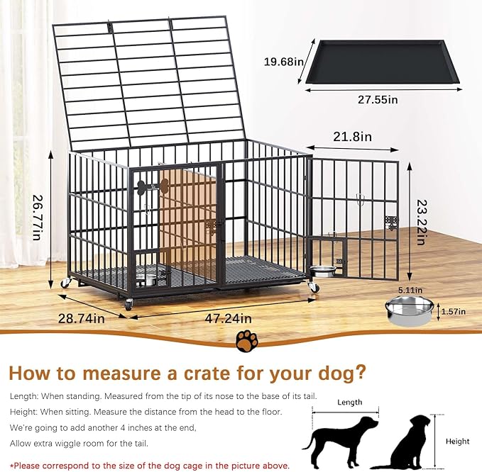 aboxoo 48/42 inch XL Dog Crate for Large Dog/Double Medium Dogs,Heavy Duty Metal Dog Cages,All Metal Open Top,Dog Kennel Indoor with Wheels,Floor Grid, Tray, Divider and Feeding Bowl-PurrikoPets