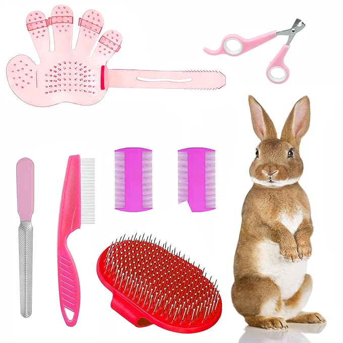 7-Piece Small Pet Grooming Kit: Brush, Nail Clippers, Hair Remover, Shampoo Brush with Hand Strap for Rabbits, Hamsters, Bunnies-PurrikoPets