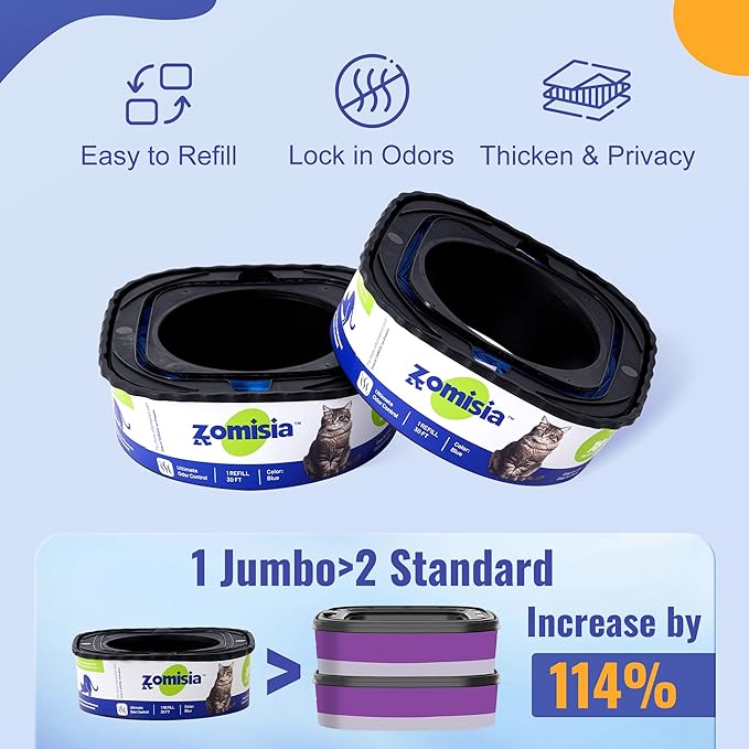 2 Pack Cat Litter Refill Bags, Non-See-Through Jumbo 60FT Cartridge Refill Total Up to 36 Weeks (Over 8 Months) Per Cat for Odor Control, Compatible with Genie Standard, Plus, Style-PurrikoPets