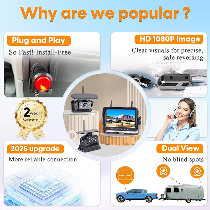 Dual RV Backup Camera Wireless with Magnetic - Recording 1080P HD Solar Rear View Camera Install-Free 7 Inch Touch Button Monitor No-Delay Signal for Truck Trailer YWD-902-PurrikoPets