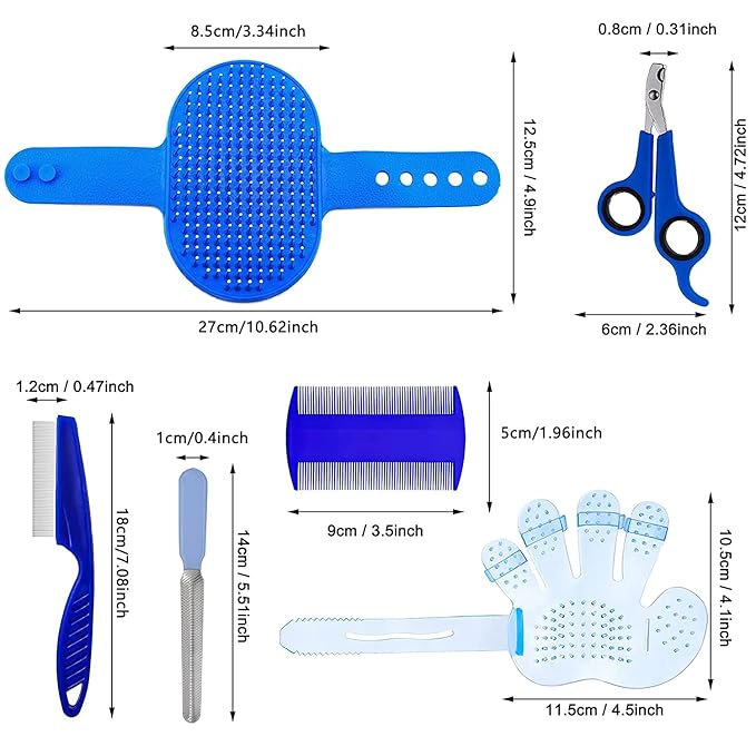 7-Piece Small Pet Grooming Kit with Brush, Nail Clippers, and Adjustable Strap for Rabbits, Hamsters, Guinea Pigs (Blue)-PurrikoPets