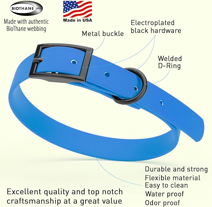 Dogline Biothane Waterproof Dog Collar Strong Coated Nylon Webbing with Black Hardware Odor- Proof for Easy Care Easy to Clean High Performance Fits Small Medium or Large Dogs, Cerulean Blue-PurrikoPets