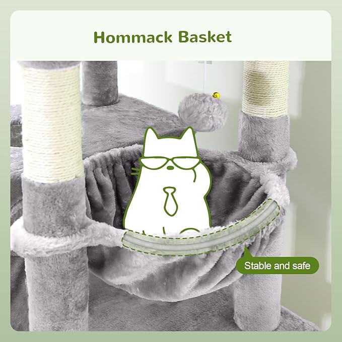 Globlazer Heavy Duty Cat Trees for Large Cats, Sturdy 72in Maine Coon Cat Tree for Large Cats 20 lbs+ Heavy Duty Cat Tower for Adult Biggest Cat with 6 Scratching Posts, Hammock, S72, Light Grey-PurrikoPets