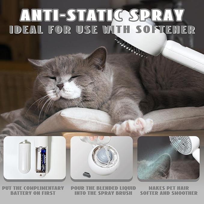 3-in-1 Steam Brush for Cats & Dogs – Hair Removal Comb with One-Click Release & Water Spray – Grooming Brush for Shedding, Long/Short Hair (white brushs-grey)-PurrikoPets