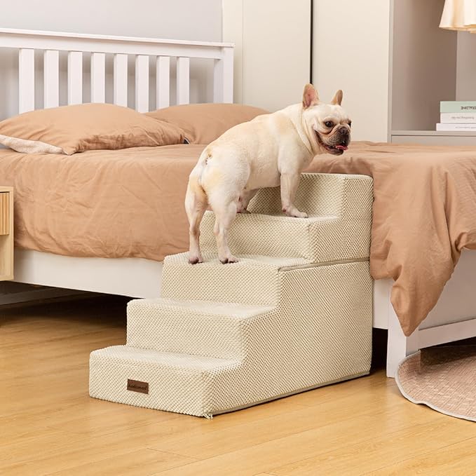 Dog Stairs for High Bed 22.6" H,5-Step Dog Steps for Small Dogs and Cats,Indoor Non-Slip Balanced Pet Stairs are Suitable for Puppy,Older Cat,Beige-PurrikoPets