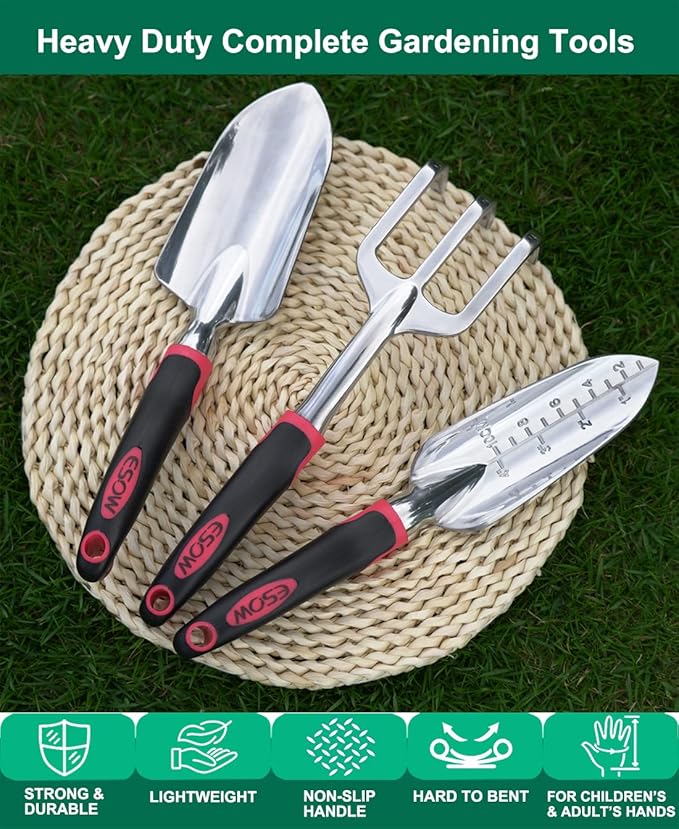 ESOW Garden Tool Set with Non-Slip Rubber Handle, 3 Piece Cast-Aluminum Heavy Duty Gardening Kit Includes Hand Trowel, Transplant Trowel and Cultivator Hand Rake, Red-PurrikoPets
