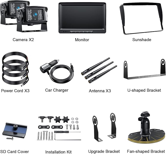 Fookoo 1080P 9" Wireless Backup Camera System, 9" HD Dual/Quad Split Monitor with Recording, IP69 Waterproof Rear View Front View Cameras with Parking Lines, Suits for RV/Truck/Trailer/Van/Bus(DW902)-PurrikoPets