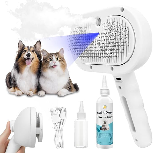 4-in-1 Pet Grooming Steam Brush for Cats & Dogs – Steam Spray, Blue Light, Hair Removal, Self-Cleaning Comb – Includes Pet Waterless Shampoo-PurrikoPets