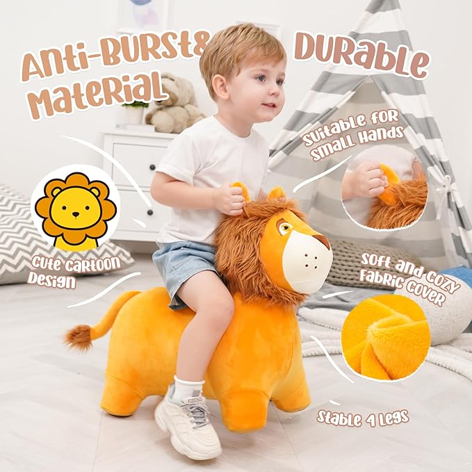 EVERICH TOY Lion Bouncy Horse, Inflatable Plush Hopping Toy, Bouncing Animal Hopper for Toddlers, Fun Ride-On Toy for Kids 18 Months-6 Years, Indoor & Outdoor Play, Great Gift Boys Girls-PurrikoPets