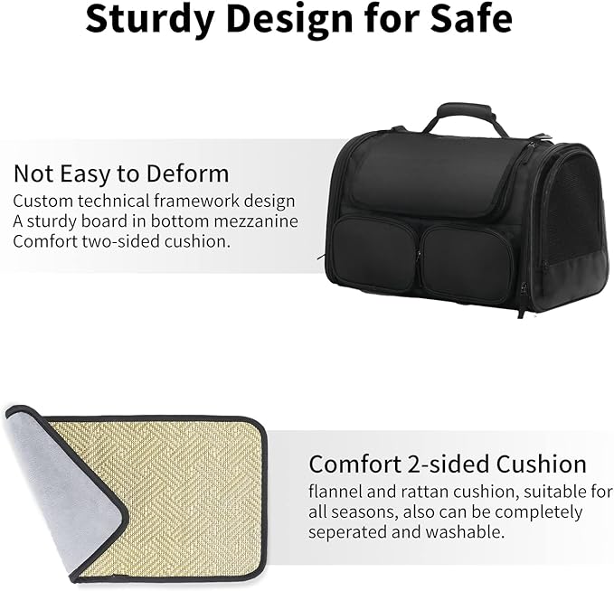 FUKUMARU Cat Carrier, 4 Mesh Windows Small Dog Carrier, 4 Storage Pockets Cat Travel Bag, Under 15 lb Airline Approved Pet Carrier, Rollable Cover for Nervous Cats, Black-PurrikoPets