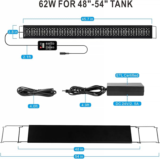 Advanced 7-Row LED Aquarium Light, Easy Setup Controller, Auto On Off Full Spectrum Fish Tank Light, 24/7 Lighting Cycle, 8 Colors, 10 Level Dimming, 62W for 48"-54" Freshwater Planted Tank-PurrikoPets