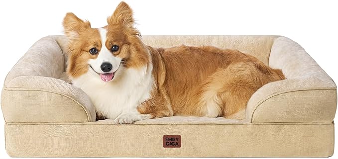 EHEYCIGA Orthopedic Dog Beds for Large Dogs, Waterproof Memory Foam Large Pet Bed with Sides, Non-Slip Bottom and Egg-Crate Foam Dog Couch Bed with Washable Removable Cover, Greige-PurrikoPets