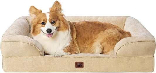 EHEYCIGA Orthopedic Dog Beds for Large Dogs, Waterproof Memory Foam Large Pet Bed with Sides, Non-Slip Bottom and Egg-Crate Foam Dog Couch Bed with Washable Removable Cover, Greige-PurrikoPets