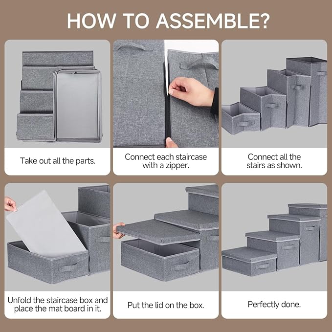 Dog Stairs with Storage, 4-Step Folding Pet Steps for Small Dogs and Cats, Pet Steps Storage with Zip, Pet Stairs for High Bed, Couch and Car Ramp (Gray, 4 Steps no Condo)-PurrikoPets