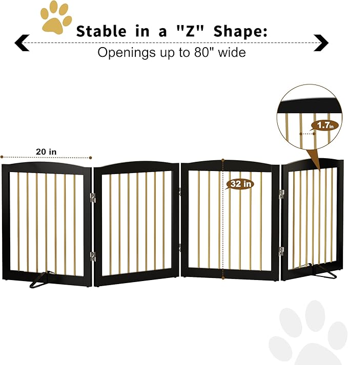 Freestanding Pet Gate for Dogs, Foldable Wooden Dog Gate for House, Indoor Dog Gate for Stairs, Doorways, Step Over Pet Puppy Safety Fence, 80 Inch Wide, 4 Panels 24", Black & Gold-PurrikoPets