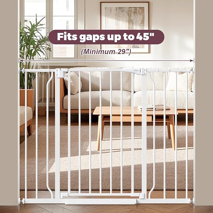 29"-45" Baby Gate for Stairs, Auto Close Stroller Friendly Dog Gate Indoor for Doorways, Pressure Mounted Baby Gate, Easy Walk Through Gate for Children & Pets, White-PurrikoPets
