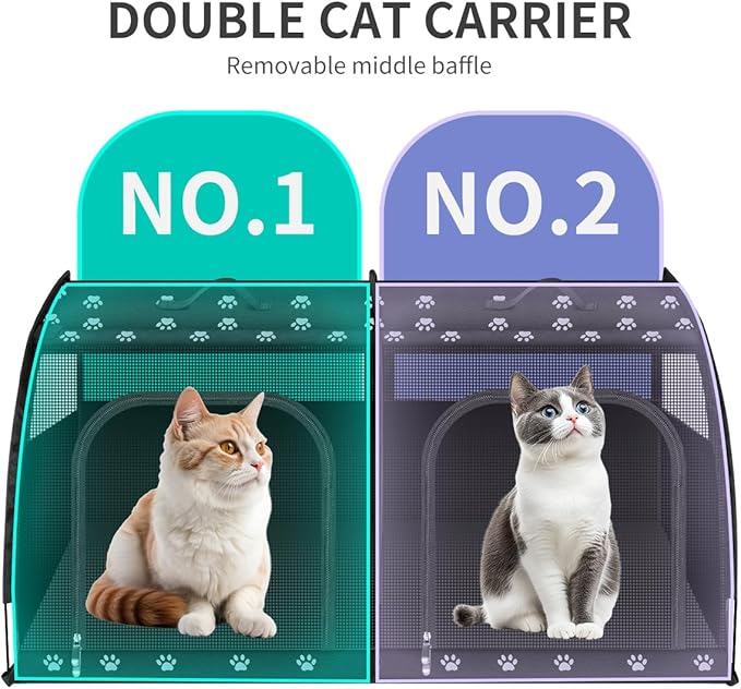 Double Cat Car Travel Carrier, Twin Compartment Show House Cat Cage/Condo，Portable Pet Crate for 2 Cats Travel Double Dog Crate Set for Long Distance Travel-PurrikoPets