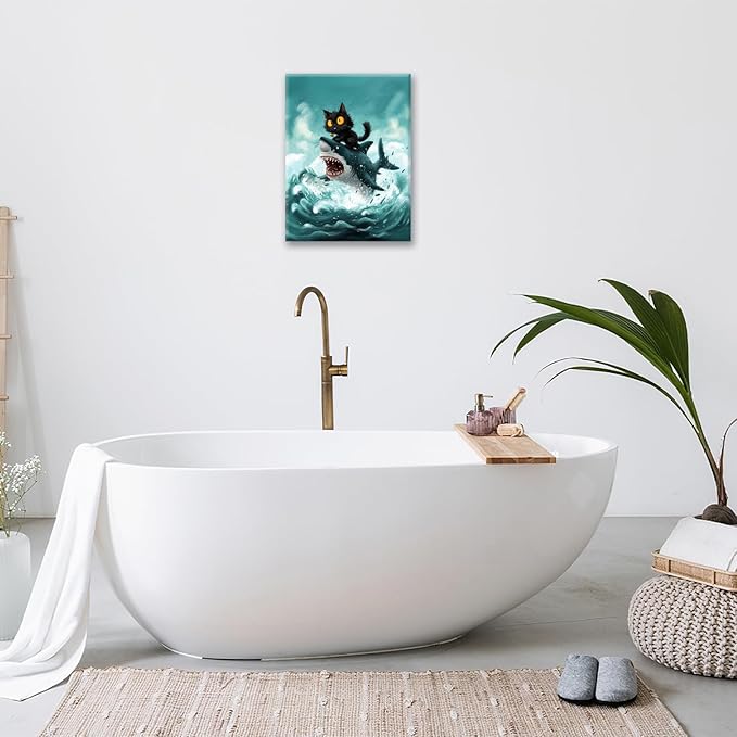 Funny Black Cat Bathroom Wall Art Cute Cat Riding Shark Canvas Wall Decor Animal Kitten Pictures Painting Print Artwork Framed Decorations Gifts for Cat Lover Kids Room Bedroom 12"x16"-PurrikoPets