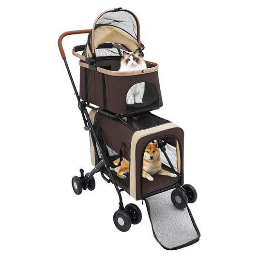 Double Pet Stroller with Detachable Carriers, Large Cat & Dog Stroller with 4 Wheels, Foldable Pet Strollers Small & Medium Dogs Cats 77lbs (Coffee Color)-PurrikoPets