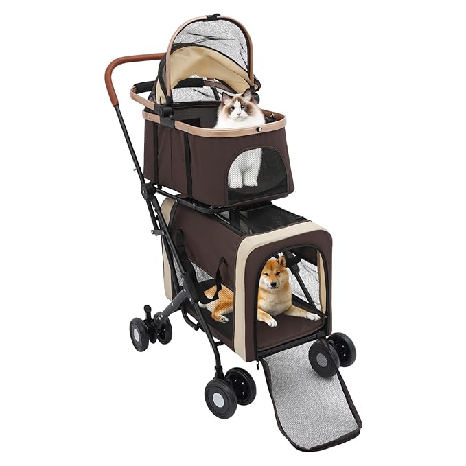 Double Pet Stroller for Dogs and Cats, Foldable Dog Stroller Travel Carriage with Detachable Carriers, Safety Belts, and 4 Lockable Wheels for Small to Medium Pets (Coffee Color)-PurrikoPets