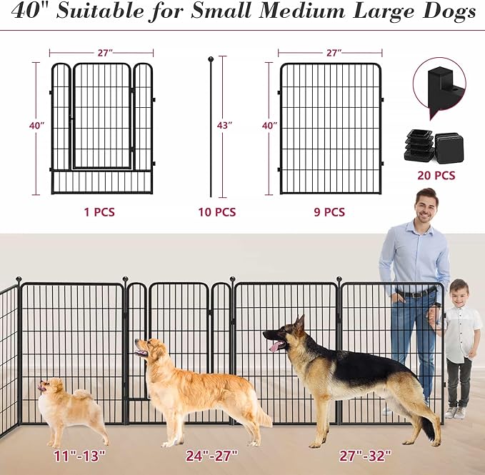 Dog Playpen 40 inch 10 Panels Indoor Dog Pen for Large/Medium/Small Dogs Heavy Duty Metal Dog Fence Outdoor for Yard, Puppy Playpen with Door Portable Pet Fence for RV Camping Yard-PurrikoPets