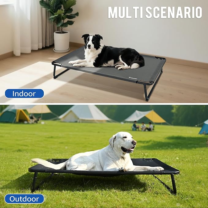 Elevated Dog Beds, Extra Large Raised Dog Cots Outdoor Cooling Dog Bed Waterproof Stable and Easy Assembly, Teslin Fabric with 1.2mm Thick Iron Frame, Breathable, Ultra-Sturdy，Black, 54*37*8.7-PurrikoPets