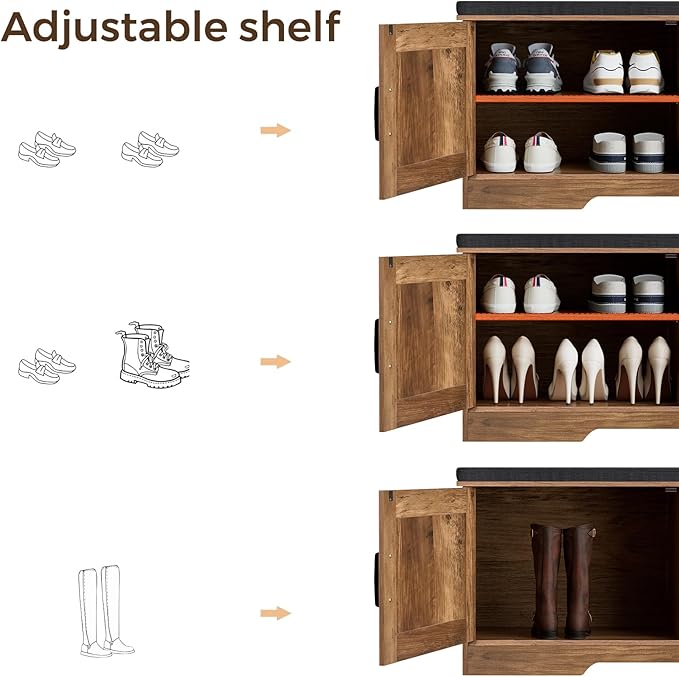 2-Tier Storage Bench, Shoe Bench with Padded Seat Cushion, Entryway Bench with 4 Barn Doors, Adjustable Shelf, 13.8" D x 47.2" W x 17.7" H, for Entryway, Living Room, Bedroom, Rustic Walnut-PurrikoPets